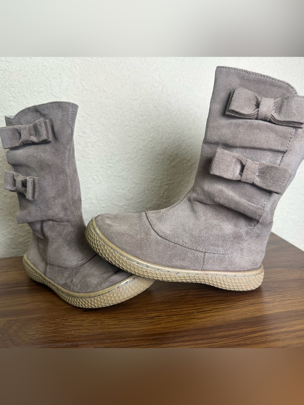 Livie & Luca Neve Tall Boots Taupe Bow Ruffle Girls Size 9 Recycled Microfiber